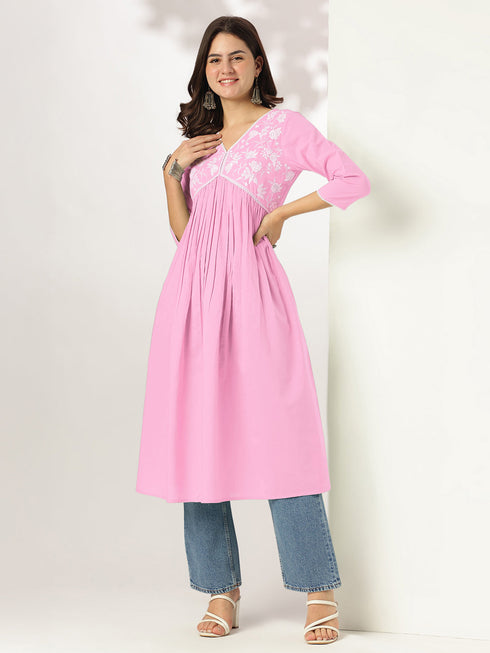 Janasya Women's Light Pink Pure Cotton Yoke Embroidered A-line Kurta